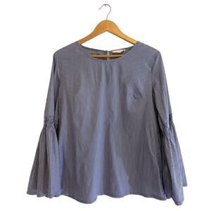 Solitaire Women’s Large Blouse Blue White Stripe Long Bell Sleeve Cotton Blend
